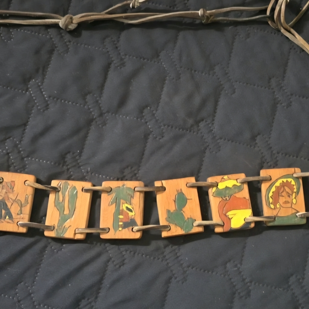 Vintage Mexican Culture Handcrafted Wooden Belt with Painted Designs - 24 Inches